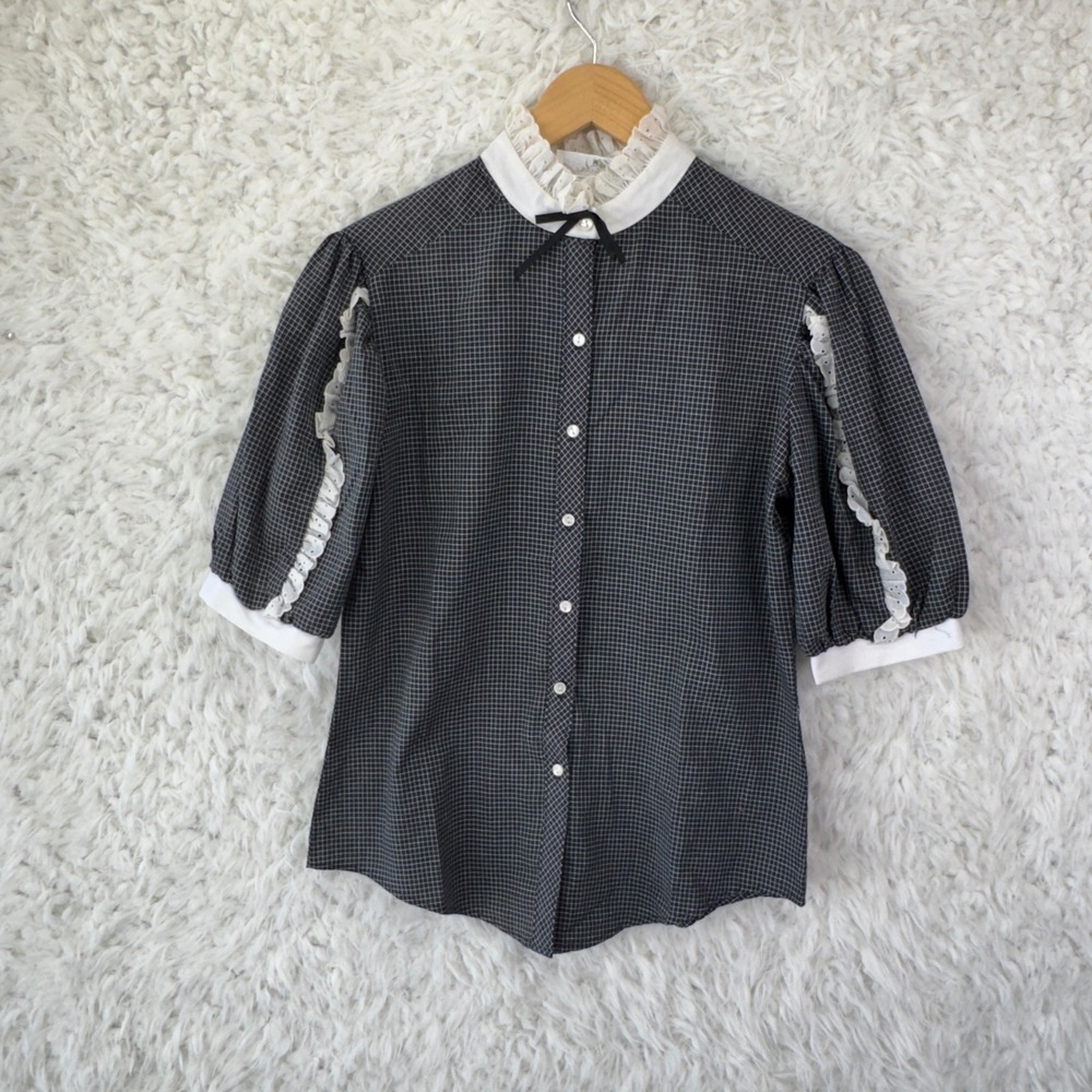 Shapely Vintage Puff Sleeve Blouse 12 Black Gingham Ruffle Prairie Cottagecore